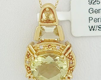 Genuine 3.80 Cts Peridots & White Sapphires Necklace .925 Sterling Silver