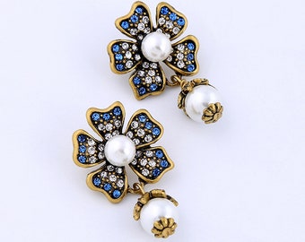Flower Shaped with Pearls Drop & Dangle Earrings, Gold Plated