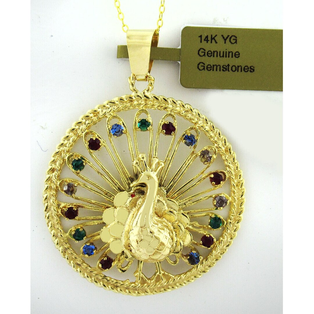 Peacock Multi-color Pendant Necklace 14k Yellow Gold - Etsy
