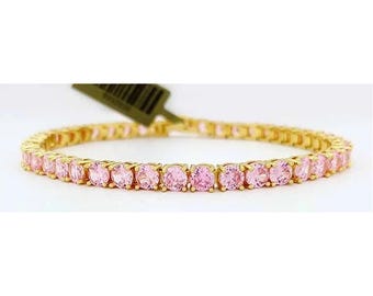 Created 14.76 Cts Pink Sapphire Tennis Bracelet 14k Yellow Gold Plated
