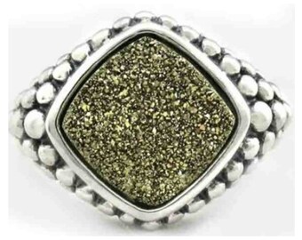 Authentischer Michael Dawkins Gold Druzy Perlen Halo Hammered Ring .925 Silber