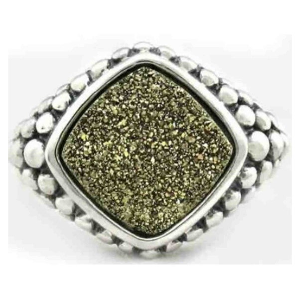 Authentic Michael Dawkins Gold Druzy Beaded Halo Hammered Ring .925 Silver