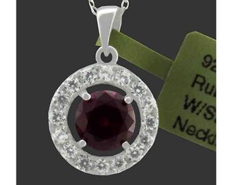 Lab Ruby & White Sapphires Pendant Necklace .925 Silver