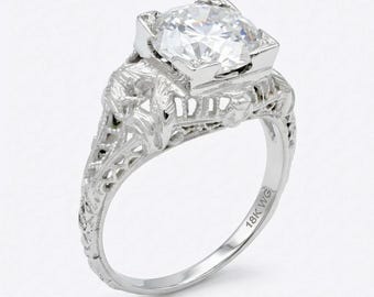 Grown 1.50 Cts Moissanite Art Deco Engagement Ring 18k SOLID White Gold
