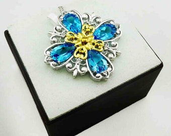 Echte 6.28 Cts Blauwe Topaas & Witte Saffieren Hanger Ketting .925 Zilver