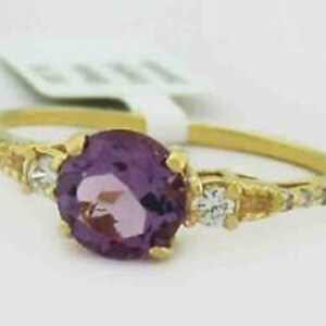 Genuine 1.10 Cts Amethyst W/Sapphire & Diamond Ring 10K Gold