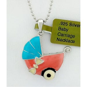 Baby Carriage Enamel Pendant Necklace .925 Sterling Silver