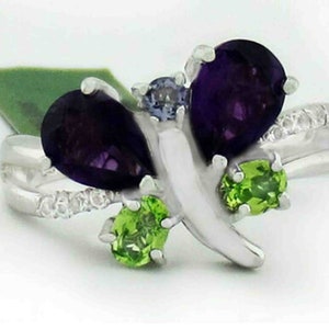 Amethyst, Peridot, White Sapphires & Tanzanite Butterfly Ring 925 Silver