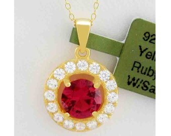 Lab Created Ruby 1.07 Cts & White Sapphire Pendant Necklace .925 Silver (Yellow)