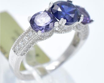 Created Alexandrite, Tanzanite & White Sapphire Ring .925 Sterling Silver