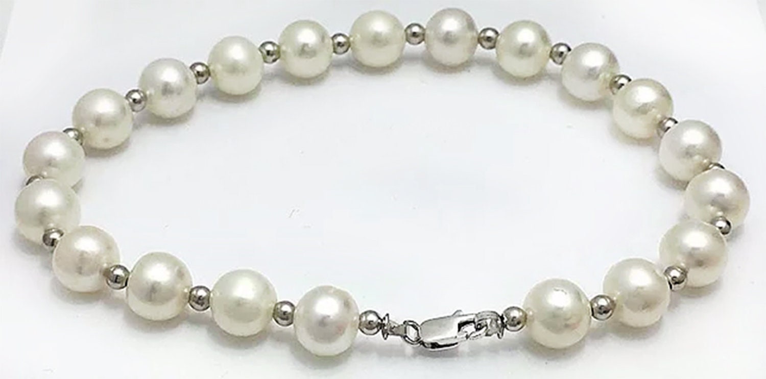 Genuine 6.5 mm White Pearls Bracelet 14k Gold Etsy