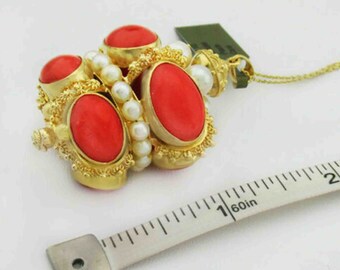 Genuine Sunshine Coral & Pearl Pendant 18K Gold