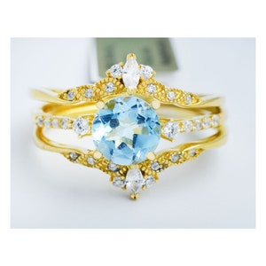 Genuine 3.84 Cts Blue Topaz & White Sapphire Ring Set .925 Sterling Silver