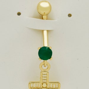 Genuine Green Onyx Cross Belly Navel Ring 14k Solid Gold
