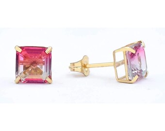 Created 2.24 Cts Pink Tourmaline Stud Earrings Solid 14k Gold