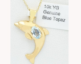 Genuine 0.64 Cts Blue Topaz Dolphin Pendant 10k Gold