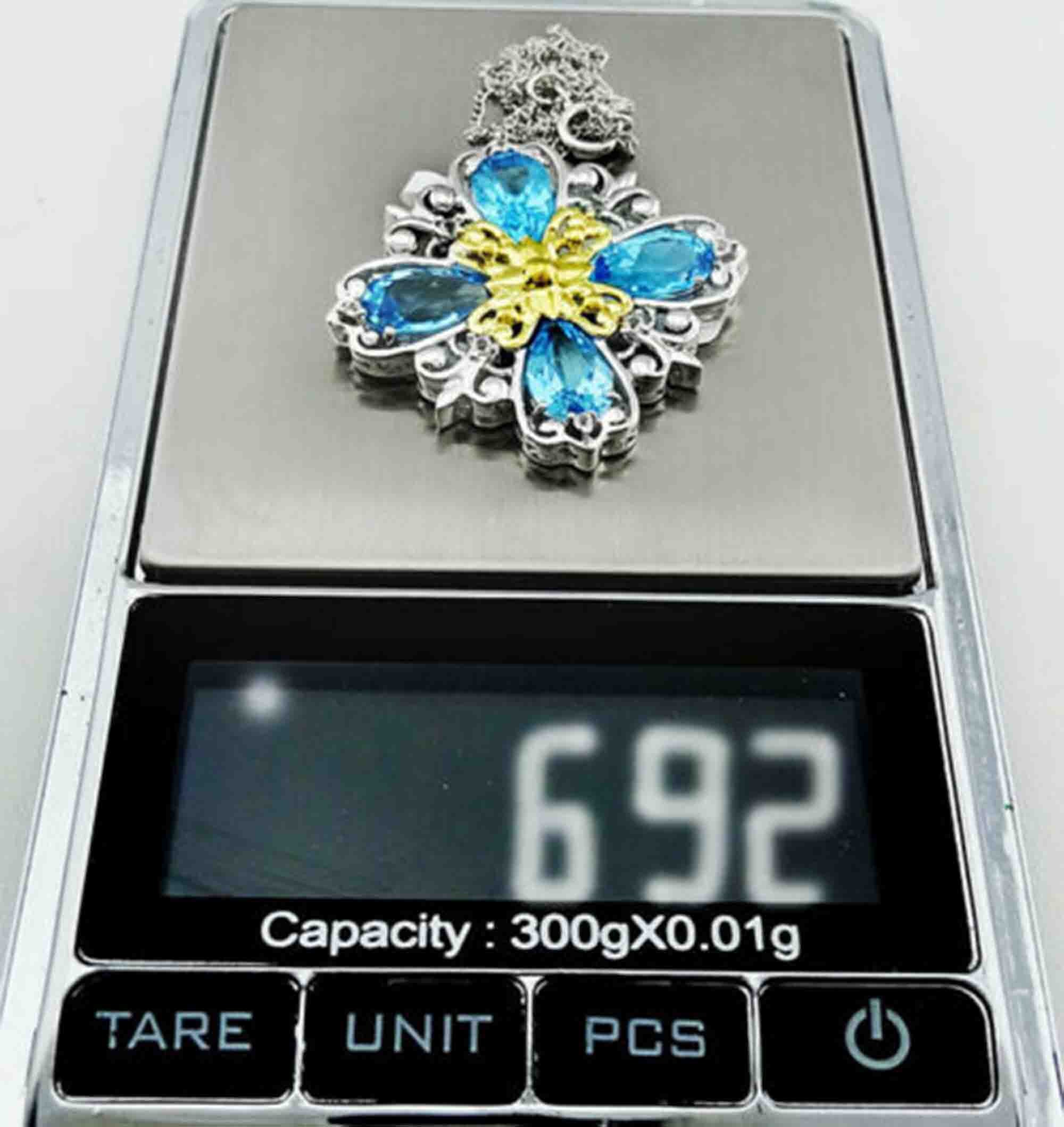 Genuine 6.28 Cts Blue Topaz & White Sapphires Pendant Necklace