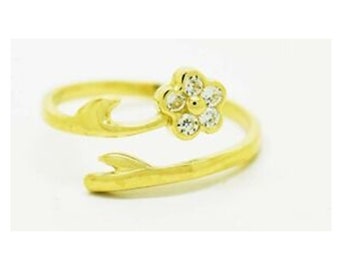 White Sapphire Flower Toe Ring Solid 14k Yellow Gold
