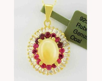 Genuine 1.60 Cts Opal & Lab Created Ruby ,W/Sapphire Necklace .925 Silver yellow