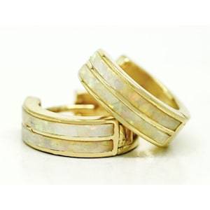 Genuine 2.12 Cts Double Row Opal Huggie Earrings 14k Gold