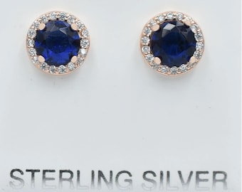 Genuine 2.20 Cts Blue & White Sapphire Stud Earrings 14k Rose Gold Plated