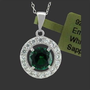 Created Emerald & White Sapphire Necklace .925 Sterling Silver