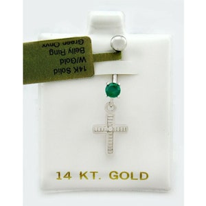 Genuine Green Onyx 0.58 CTS Cross Belly Ring 14K Solid White Gold