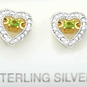 Genuine Peridot & Diamonds Stud Earrings .925 Sterling Silver