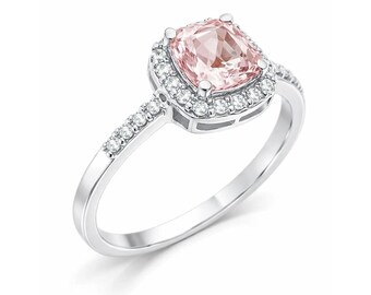 Genuine 0.93 Cts Morganite & White Sapphire Ring .925 Silver