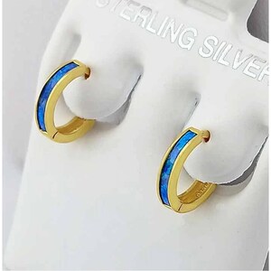 May include: A pair of gold-coloured hoop earrings featuring a bright blue inlay. The earrings are presented on a white surface, highlighting their polished finish and the contrast between the gold and blue tones. The earrings are small and delicate.