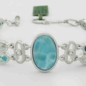 Genuine Larimar, Blue Topaz & White Sapphires Tennis Bracelet .925 SILVER