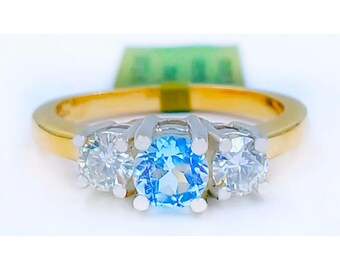 Genuine 0.58 Cts Diamond & Aquamarine Ring 14k Solid Gold