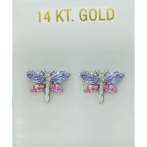 Tanzanite & Pink Sapphire Stud Butterfly Earrings 14k White Gold