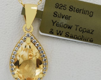 Genuine 7.03 Cts Yellow Topaz & W/Sapphires Necklace 14k Yellow Gold Plated