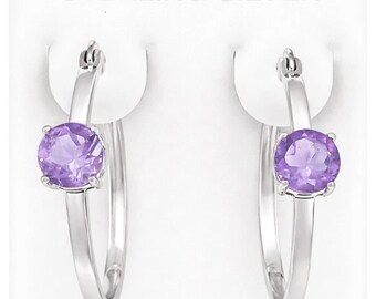 Genuine 2.14 Cts Amethyst Hoop Earrings .925 Sterling Silver