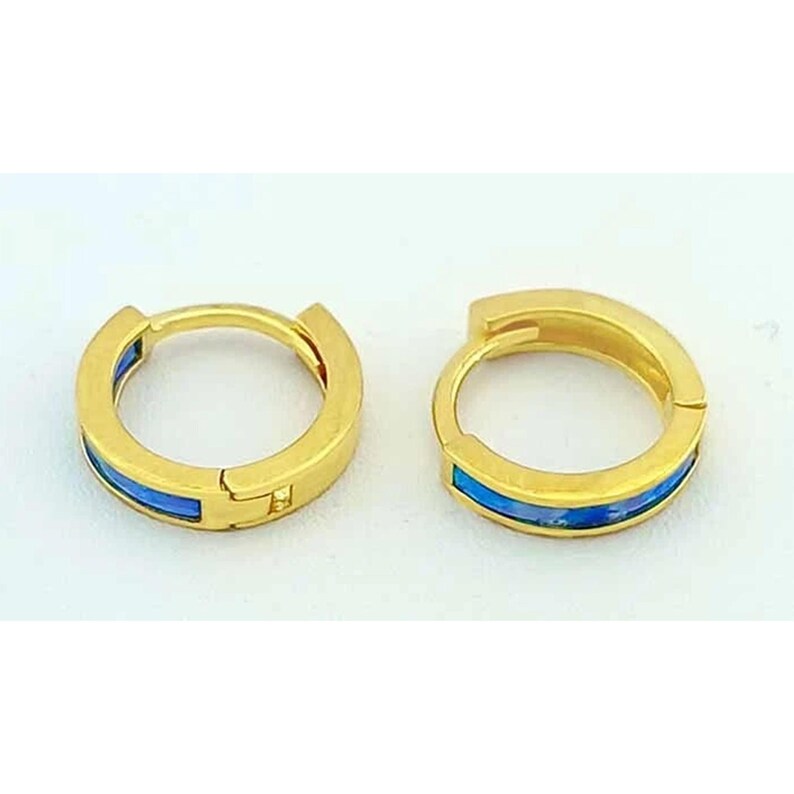 May include: A pair of gold-coloured hoop earrings with a blue inlay. The earrings are small, circular, and have a hinged closure. The blue inlay adds a pop of colour to the gold design. Jewellery.