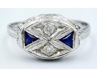 Vintage Art Deco 1920"S Genuine Blue Sapphire & Diamond Ring 18k White Gold