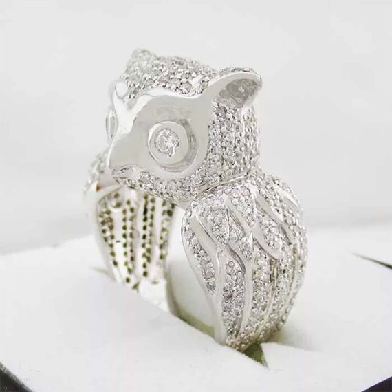White Sapphire Owl 3D Ring .925 Sterling Silver - Etsy White Sapphire Owl 3D Ring .925 Sterling Silver main image 0