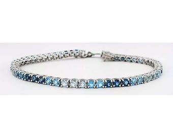 Genuine 8.96 Ct Aquamarine, Blue Topaz & Blue Zircon Tennis Bracelet .925 Silver