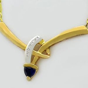 Genuine 0.73 Carats Blue Sapphire & Diamonds Necklace 10k Gold