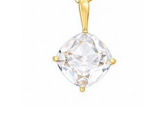 May include: A gold pendant necklace featuring a clear, cushion-cut gemstone held by four prongs. The faceted stone is suspended from a delicate gold chain, showcasing a bright, reflective surface and a classic, symmetrical design.