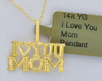 I Love You Mom Pendant 14k Solid Yellow Gold