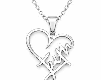 Faith , Heart Pendant Necklace | 14k White Gold Plated