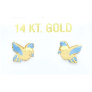 Blue Enamel Bird Earrings Solid 14k Yellow Gold