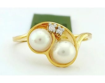Genuine Pearl & Diamond Ring 14k Yellow Gold