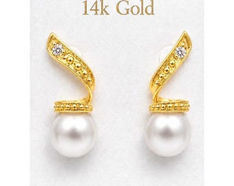 White Pearls 5 mm & White Sapphires 14k Gold Earrings