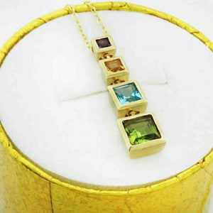 Genuine Peridot, Amethyst, Yellow & Blue Topaz Pendant 14k Gold
