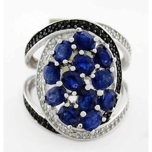 Genuine Blue, White Sapphire & Black Onyx Ring .925 Silver