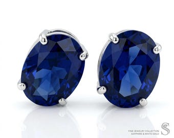 Genuine 3.42 Cts Blue Sapphire Stud Earrings 14k White Gold