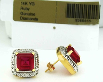 May include: A pair of gold earrings with a square ruby gemstone surrounded by a halo of diamonds. The earrings are labeled "14K YG Ruby Genuine Diamonds".